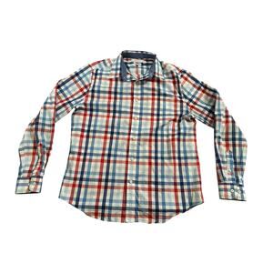 Crown & Ivy Red White Blue Plaid Mens Large Stretch Button Up Shirt